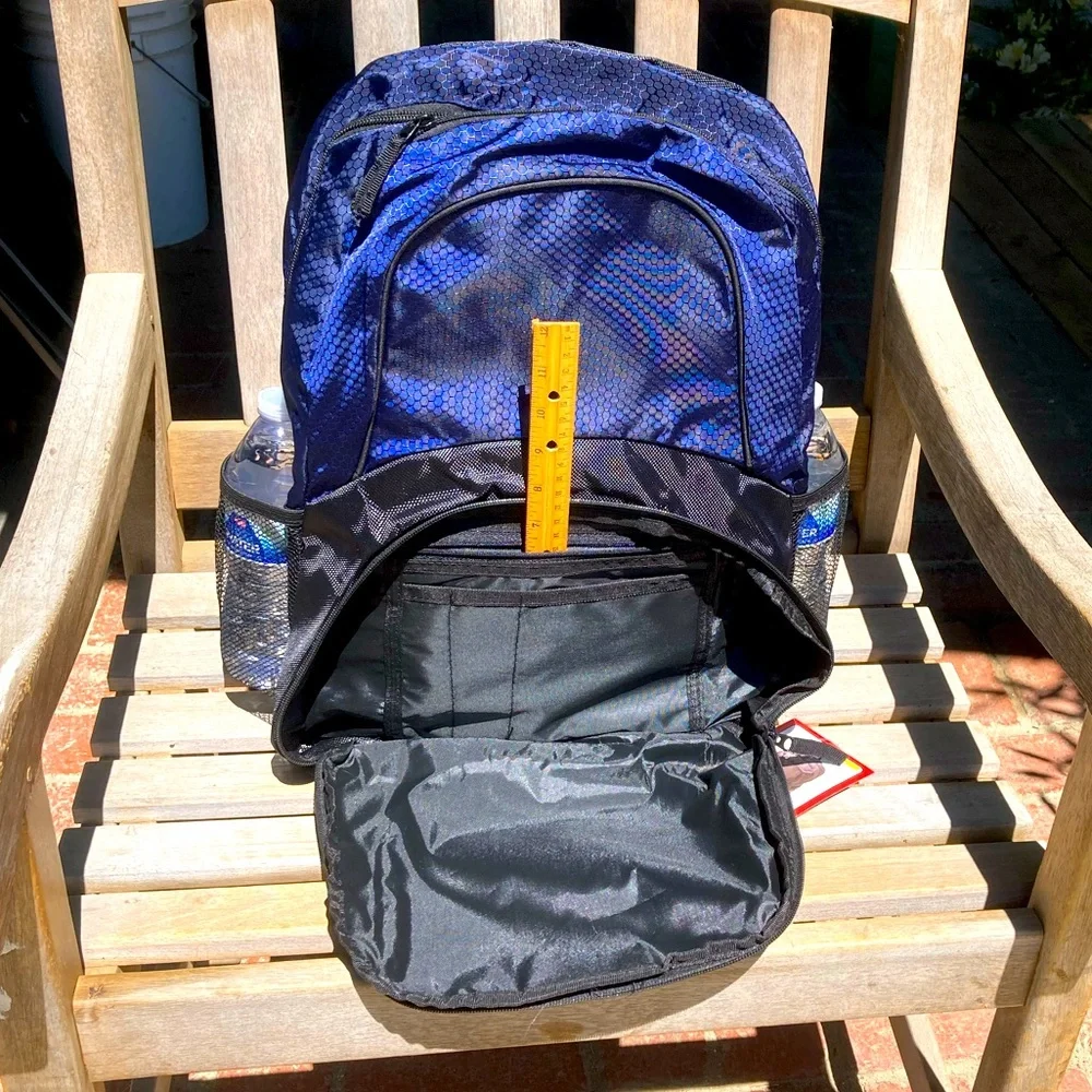 Reflective Blue Backpack Black Trim Side Pockets New